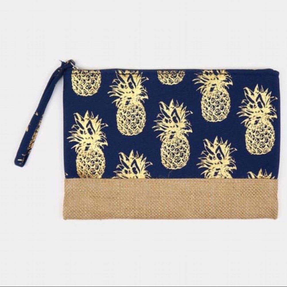 Tropical Pineapple Print Zippered Wristlet - Navy
